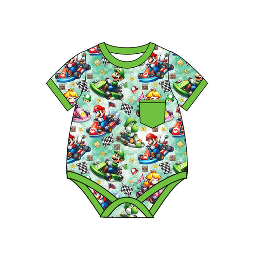 Green short sleeves pocket game baby boy romper