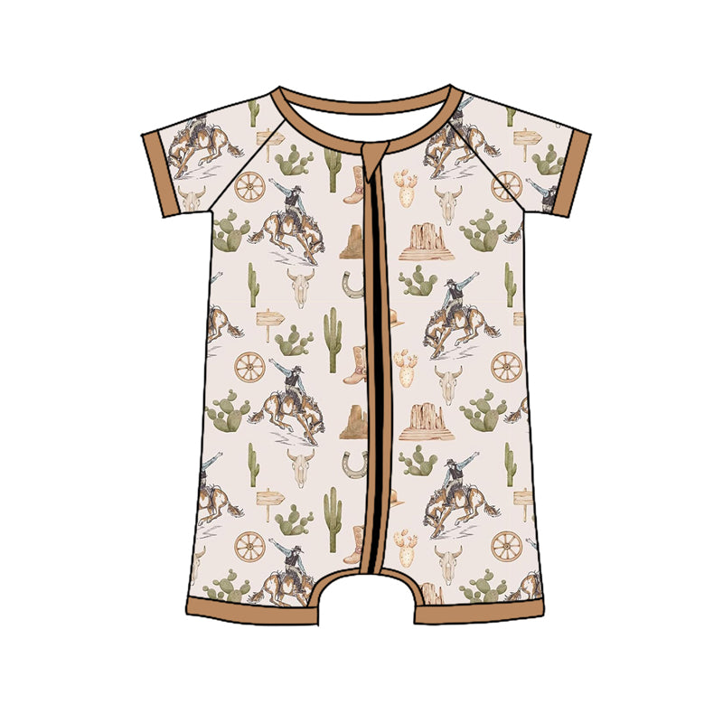 Khaki short sleeves cactus rodeo western baby zipper romper