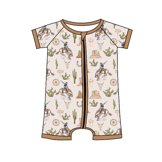 Khaki short sleeves cactus rodeo western baby zipper romper