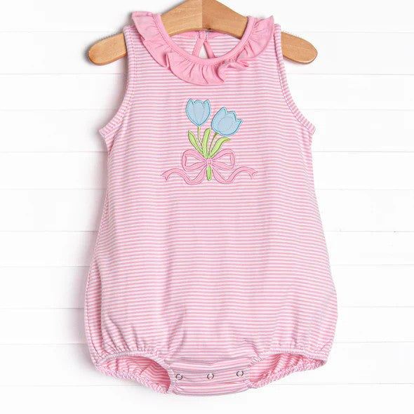 Sleeveless pink stripe ruffle tulip baby girls summer romper