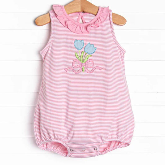 Sleeveless pink stripe ruffle tulip baby girls summer romper