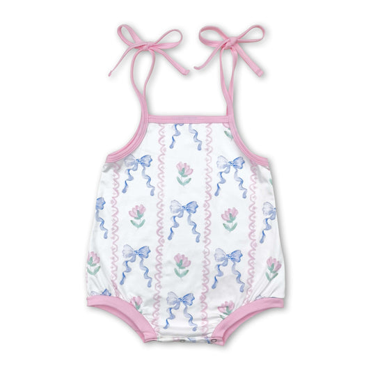 Pink straps floral light blue bow baby girls romper