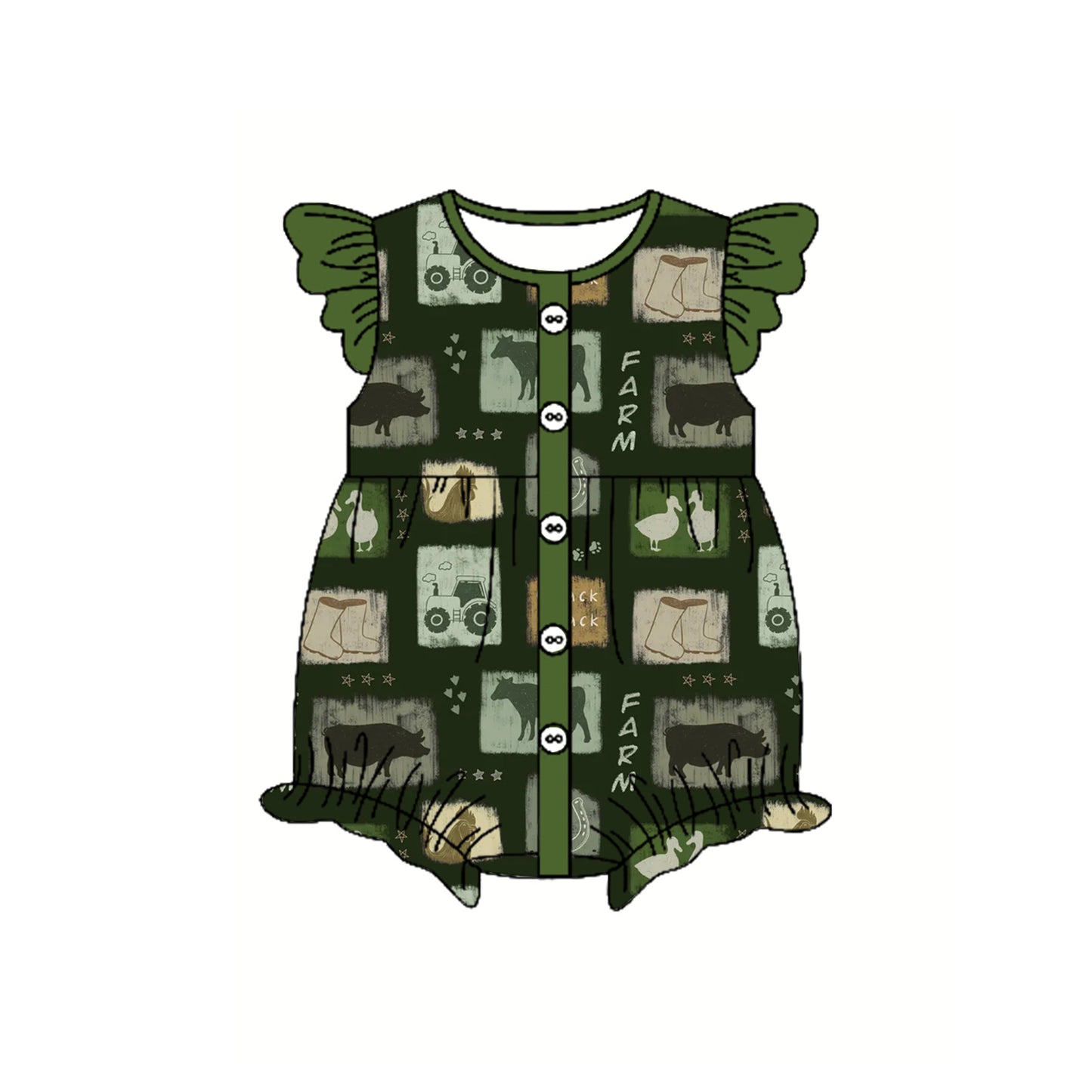 Flutter sleeves cow tractor baby girls farm romper