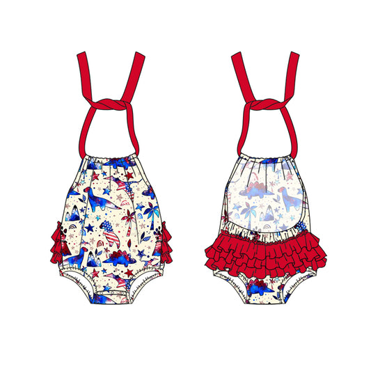 Red blue dinosaur ruffle baby girls 4th of july halter romper