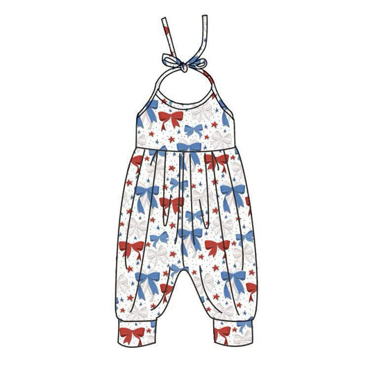 Red blue bow halter kids girls 4th of july jumpsuit