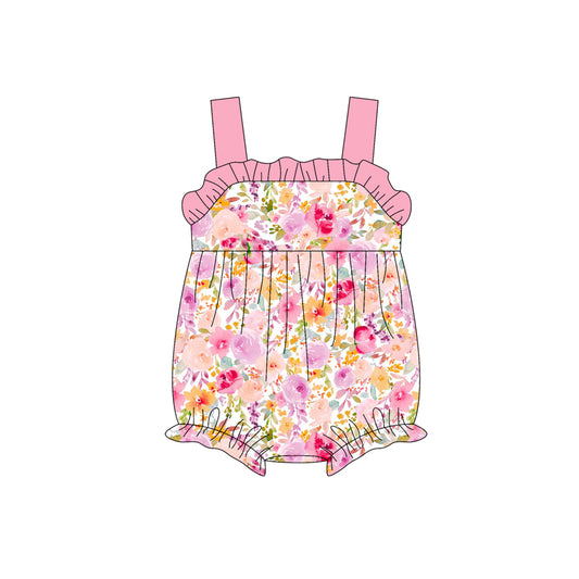 Pink straps ruffle floral baby girls summer romper