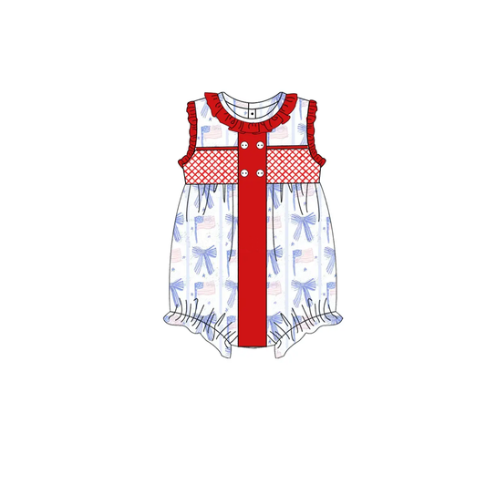 Sleeveless blue bow flag baby girls 4th of july romper