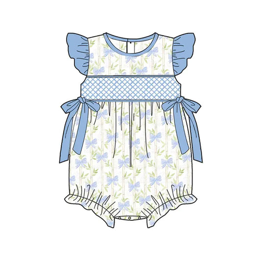 Flutter sleeves blue bow baby girls summer romper