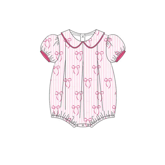 Short sleeves pink bow stripe baby girls summer romper