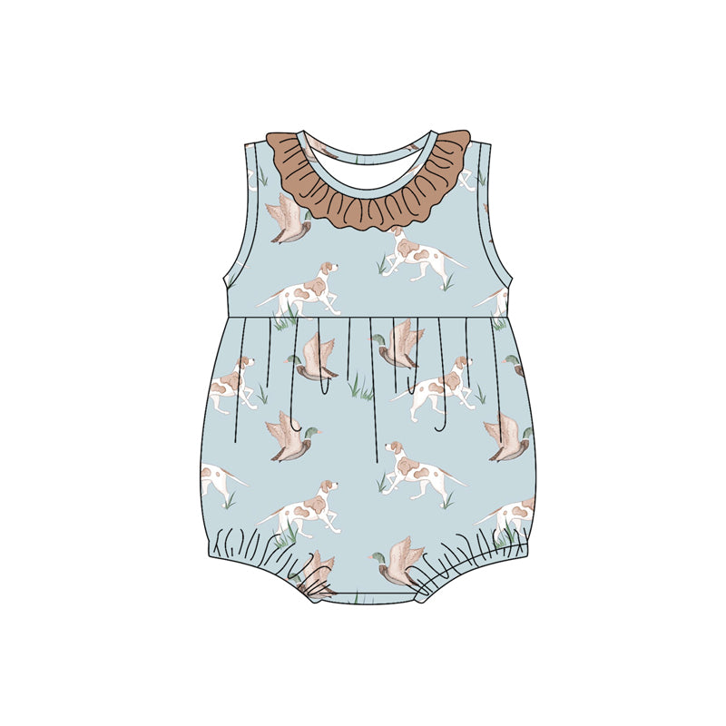 Khaki ruffle duck dog hunting baby girls romper