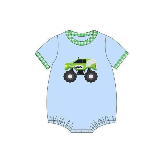 Green plaid short sleeves truck baby boy summer romper