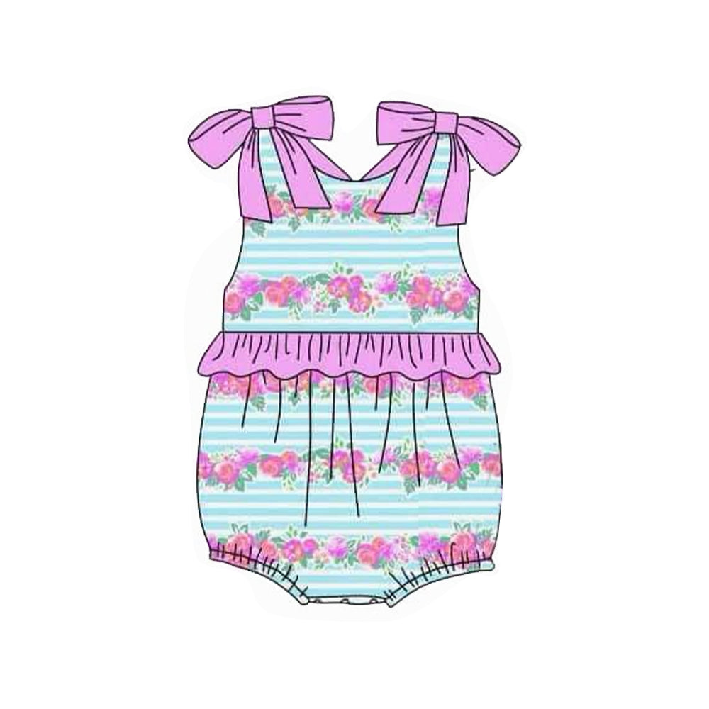 Pink straps stripe ruffle floral baby girls summer romper