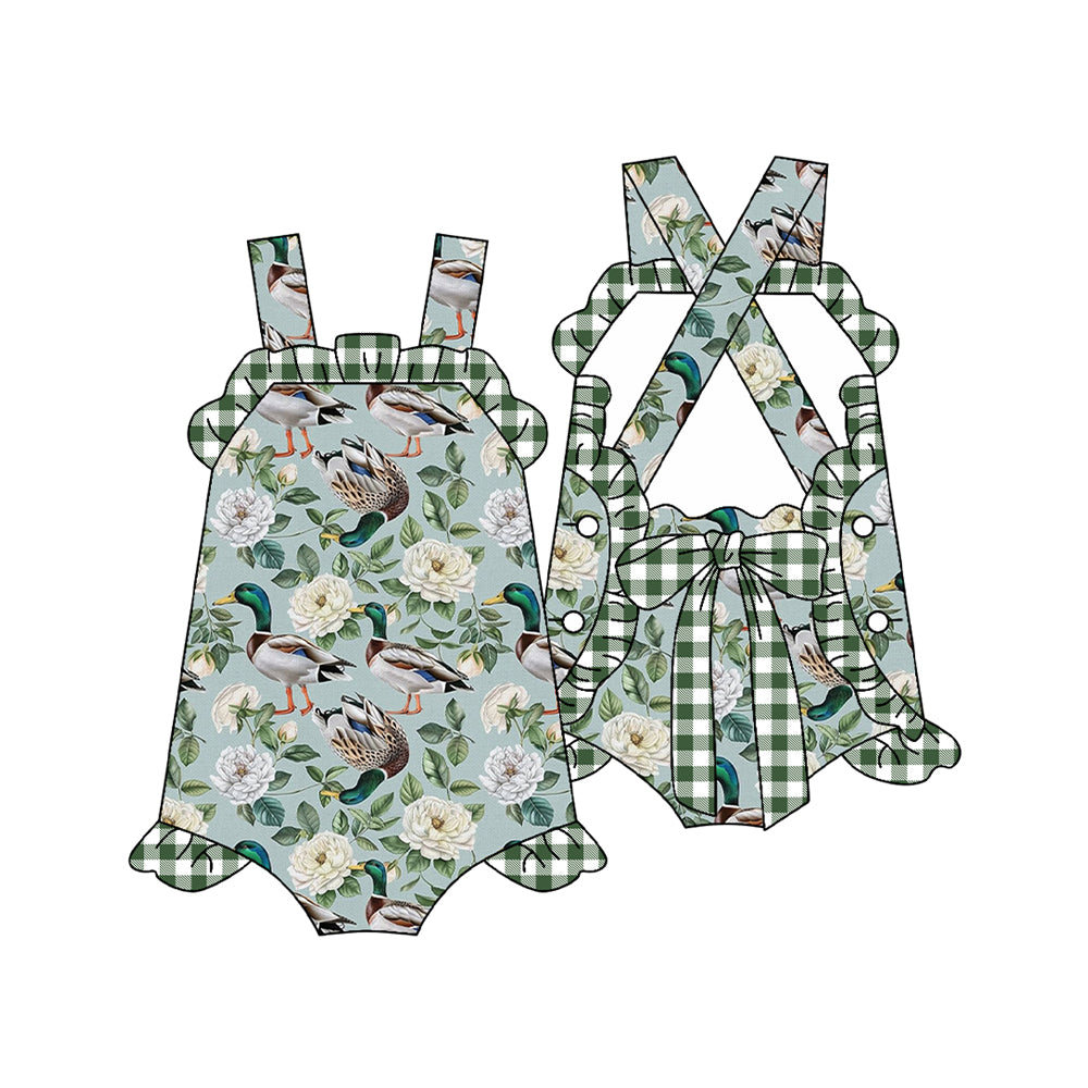Green plaid ruffle duck floral baby girls summer romper