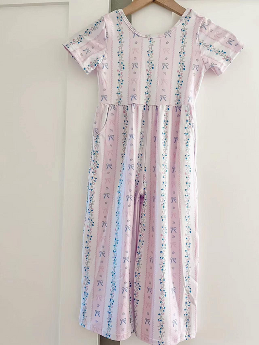 Short sleeves bow floral stripe kids girls jumpsuit