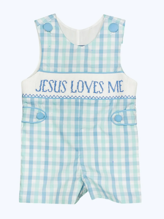 Sleeveless plaid Jesus loves me baby boys romper