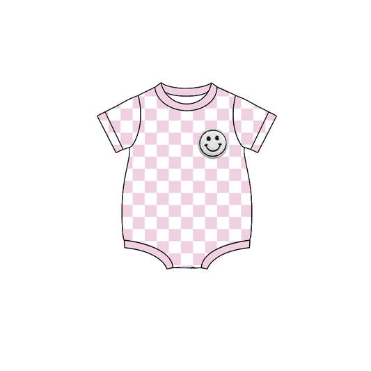 Pink plaid short sleeves smile baby boy summer romper