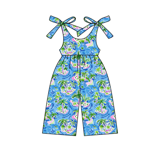 Blue straps watercolor trees boat kids girls jumpsuit