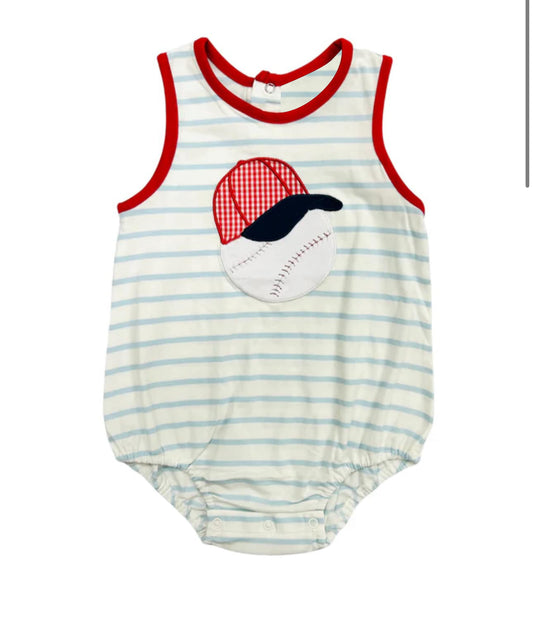 Sleeveless stripe baseball cap baby boy romper