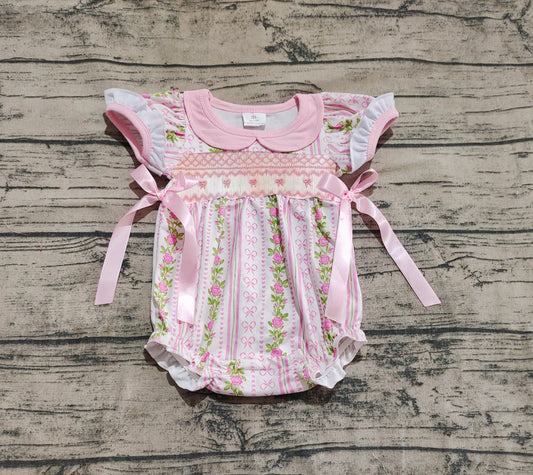 Short sleeves pink bow floral baby girls summer romper