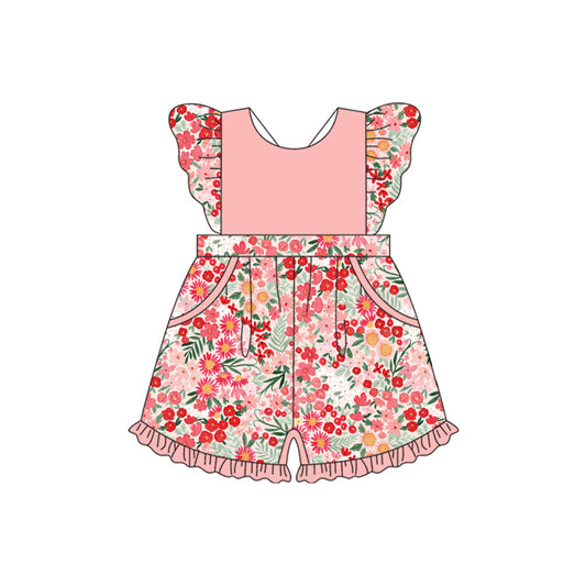 Flutter sleeves peach floral pockets ruffle girls jumpsuit