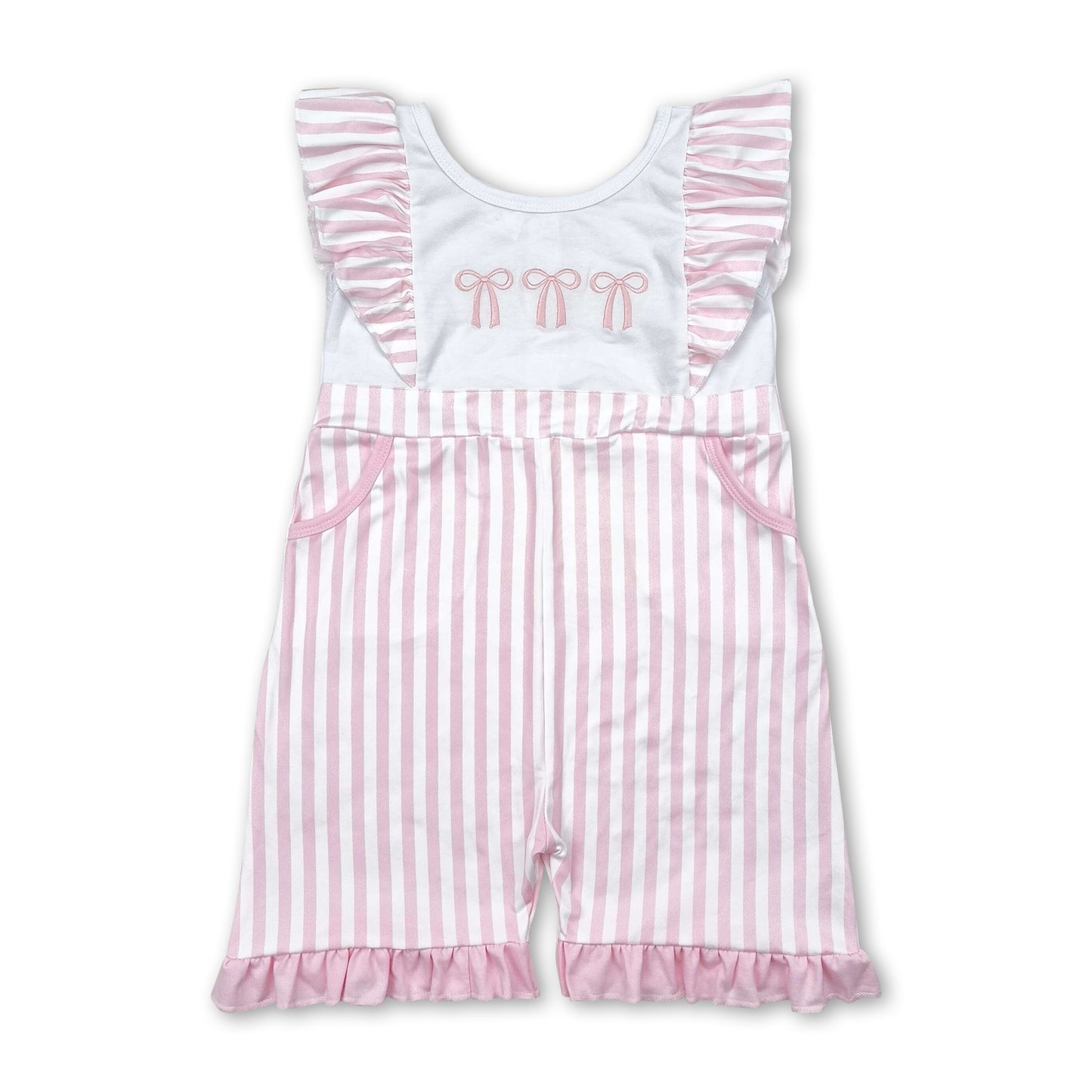 Pink stripe bow flutter sleeves pockets baby girls jumpsuit