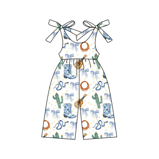 Straps light blue bow boots western girls jumpsuit