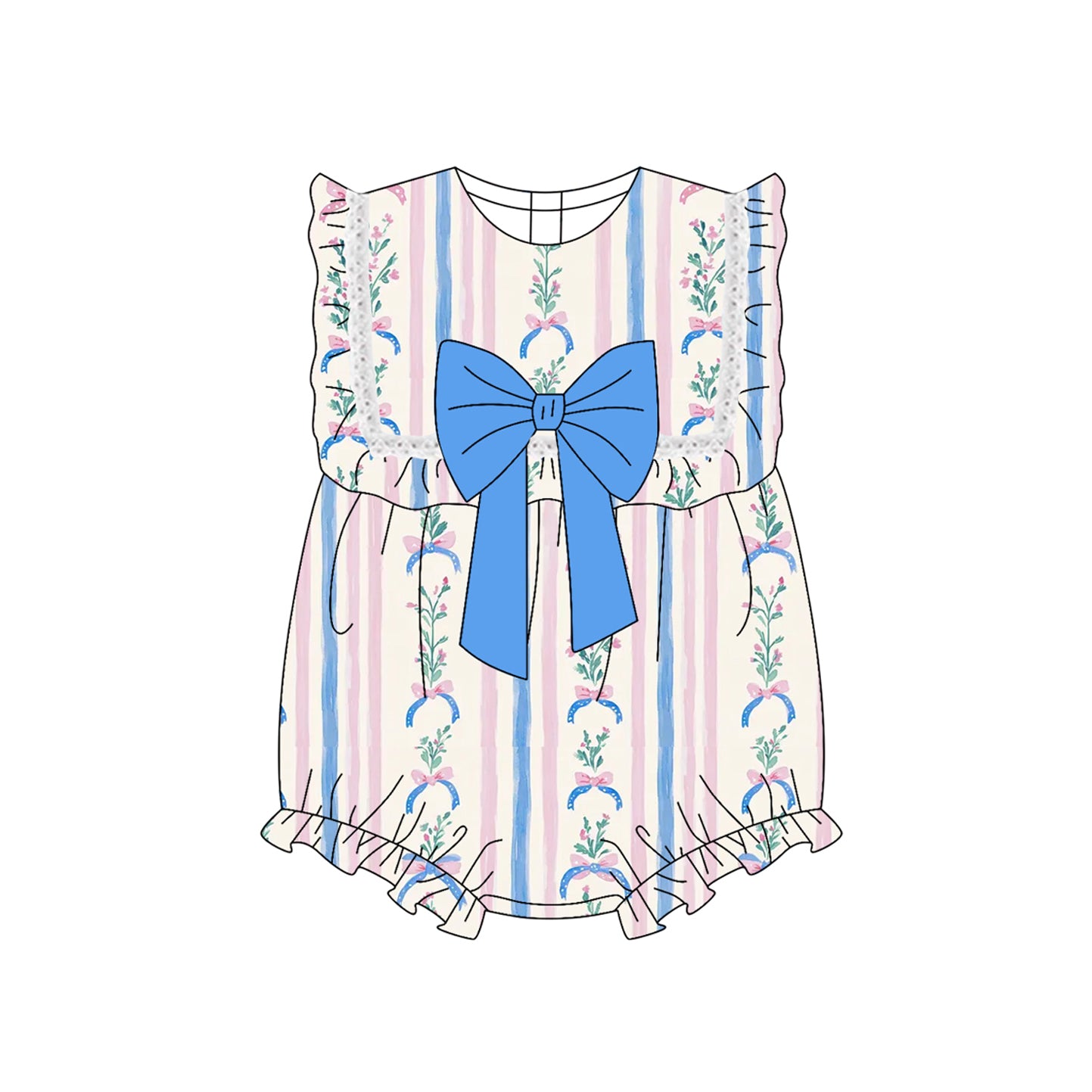 Blue bow stripe floral ruffle baby girls summer romper