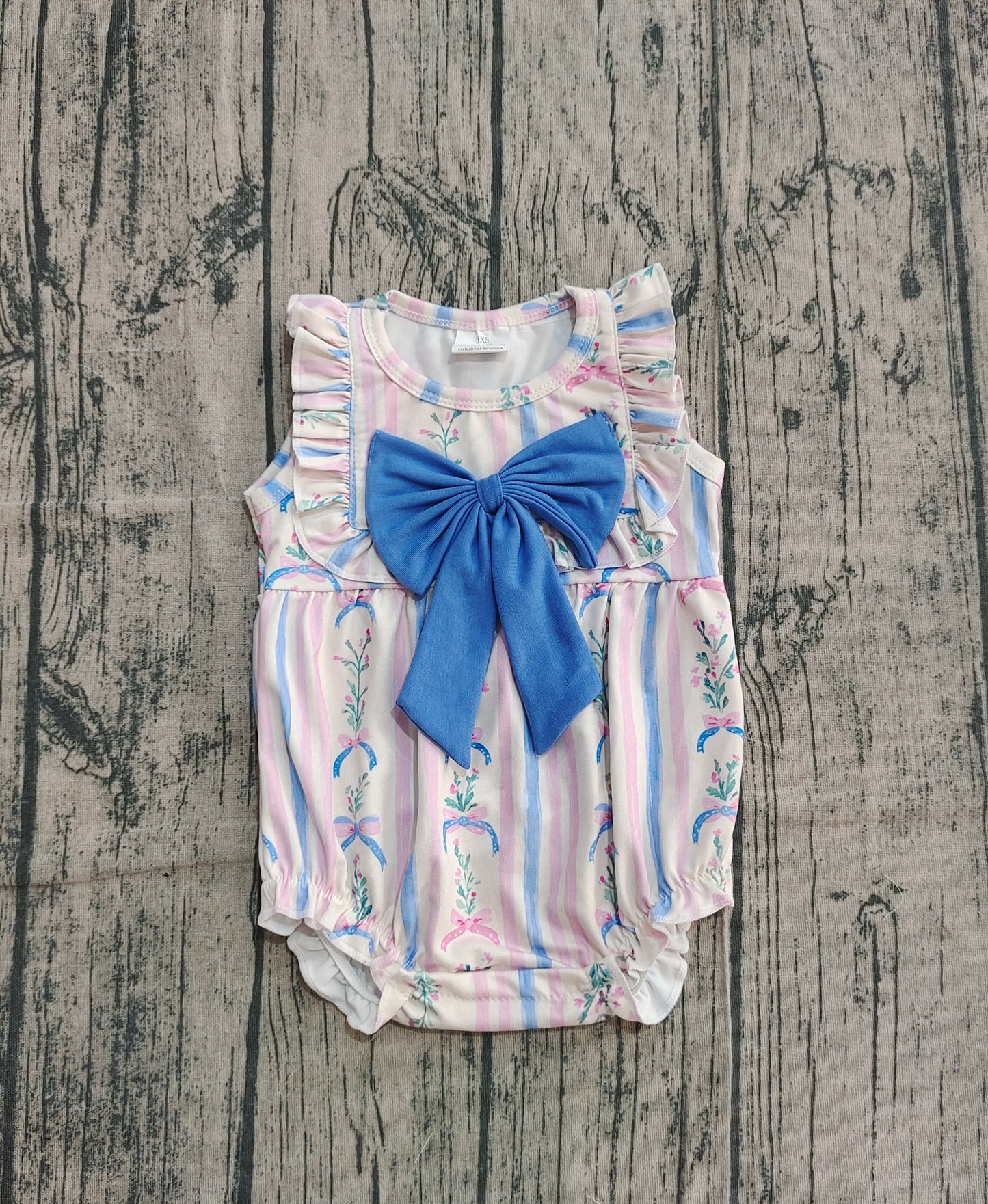 Blue bow stripe floral ruffle baby girls summer romper