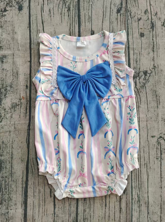Blue bow stripe floral ruffle baby girls summer romper