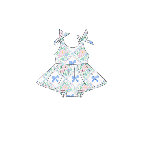 Straps light blue bow floral baby girls skirt romper