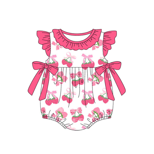 Flutter sleeves pink bow strawberry baby girls romper
