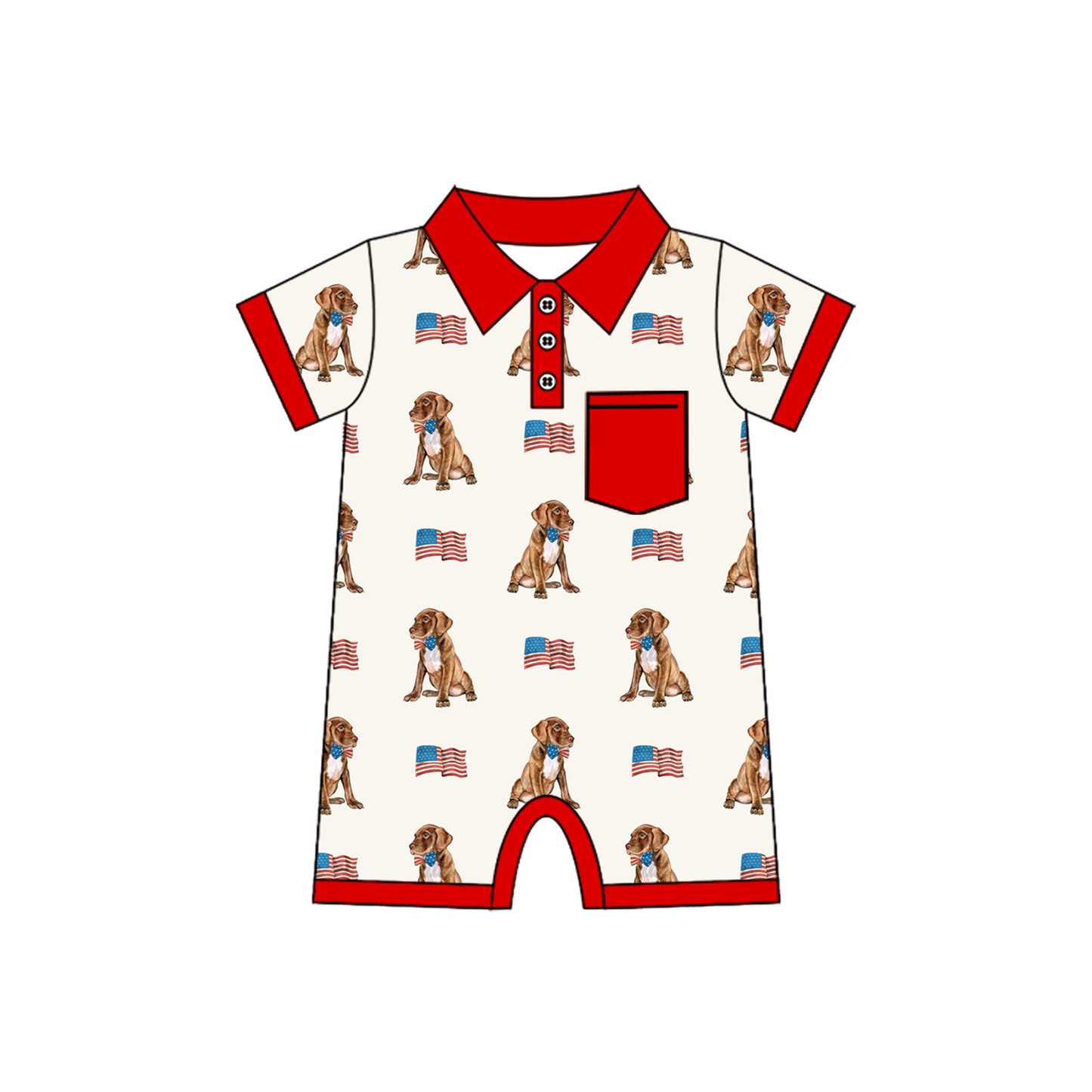 Red short sleeves flag dog baby boy 4th of july polo romper