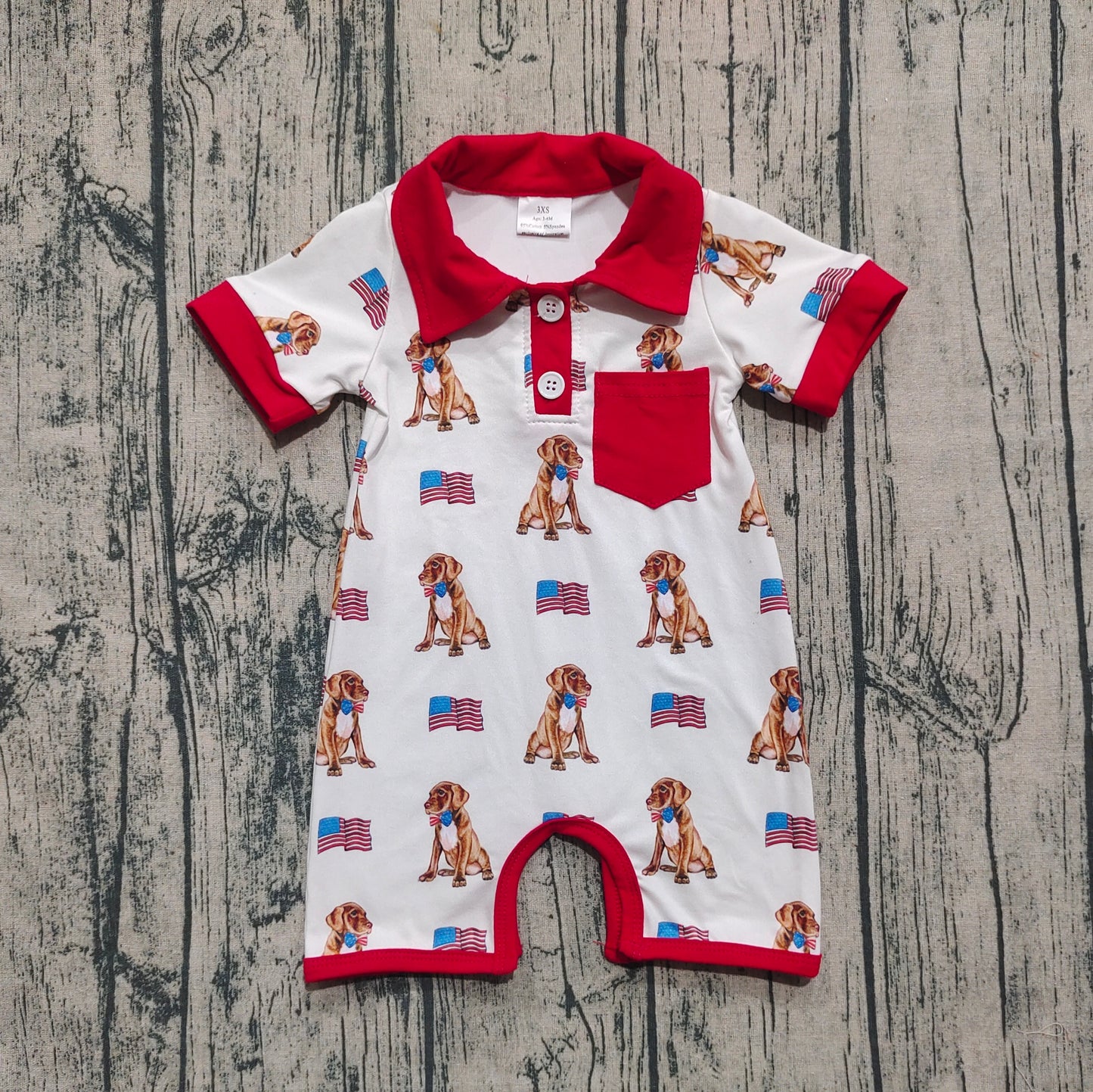 Red short sleeves flag dog baby boy 4th of july polo romper