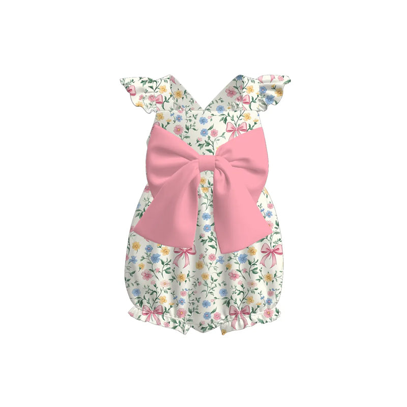 Flutter sleeves floral pink bow baby girls romper