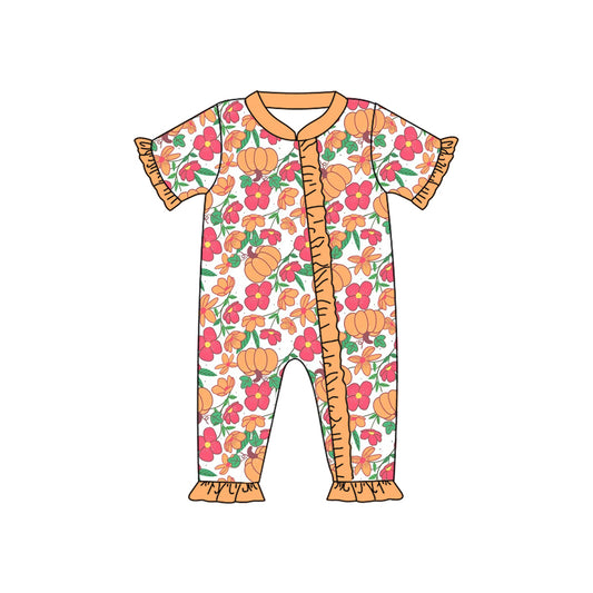 Short sleeves pumpkin floral baby girls fall zipper romper