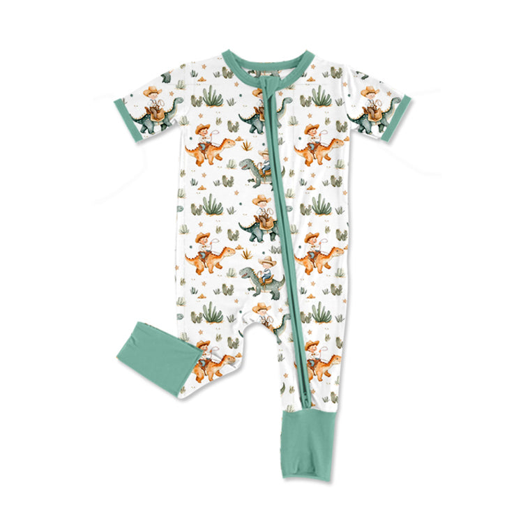 Short sleeves dinosaur baby boy zipper romper