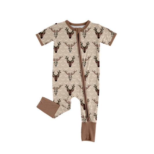 Khaki short sleeves deer baby boy zipper romper