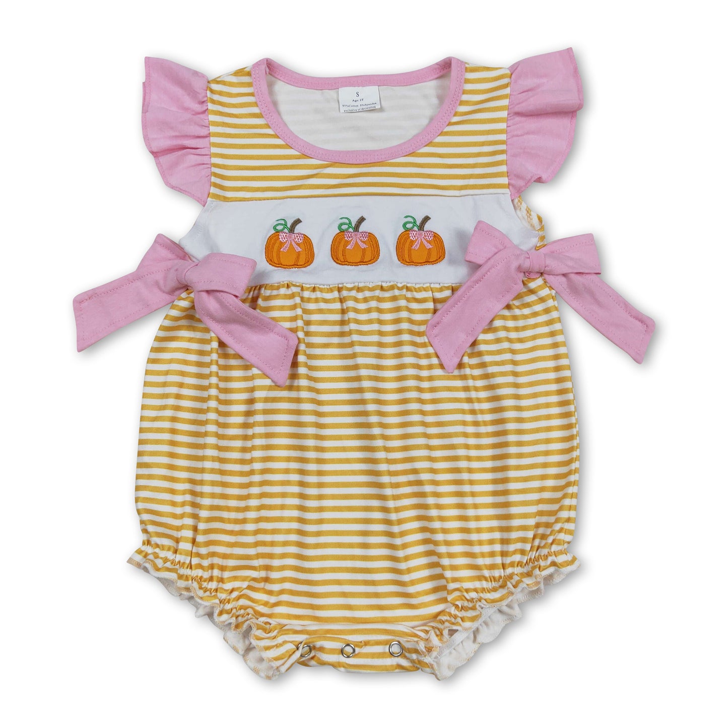 Pink flutter sleeves stripe bow pumpkin girls fall romper