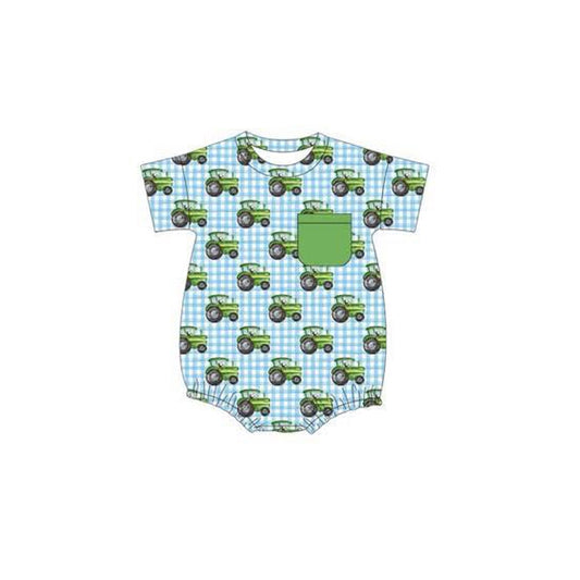 Short sleeves pocket plaid tractor boy farm romper