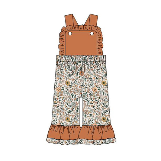 Straps brown floral ruffle kids girls fall jumpsuit