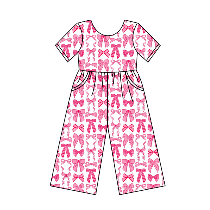 Short sleeves pink bows pockets kids girls jumpsuit