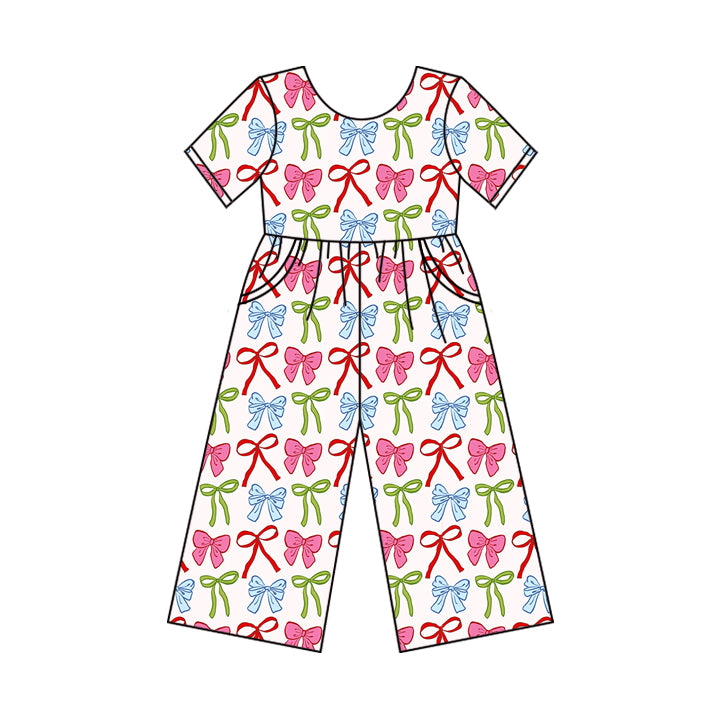 Short sleeves pink green bows pockets kids girls jumpsuit