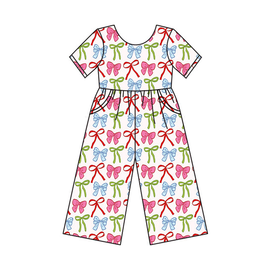 Short sleeves pink green bows pockets kids girls jumpsuit