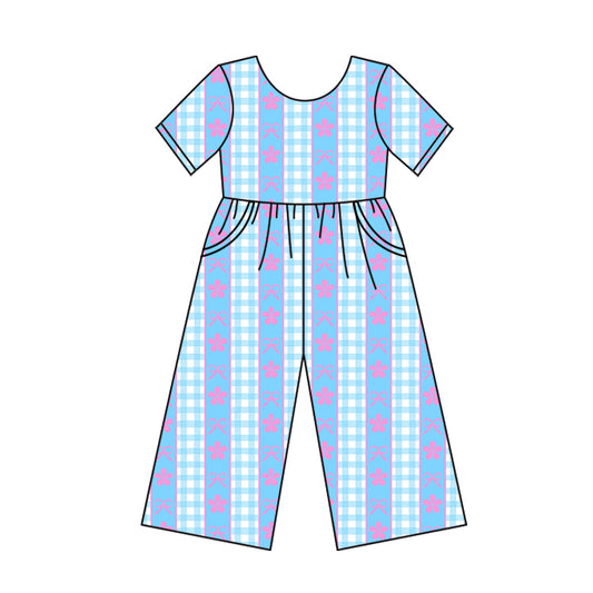 Short sleeves plaid pink floral bow pockets kids girls jumpsuit