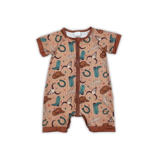 Short sleeves brown bull skull western baby zipper romper