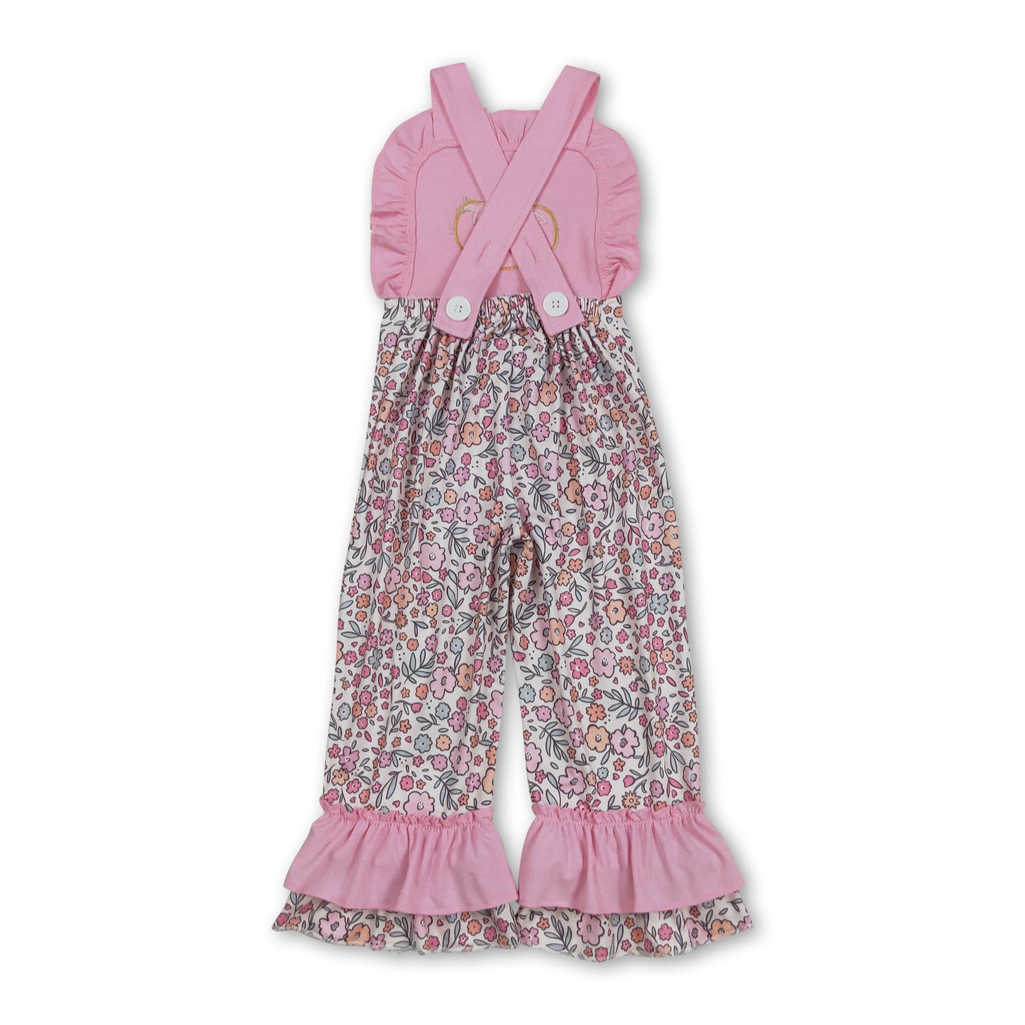 Pink ruffle straps pumpkin bow floral girls jumpsuit