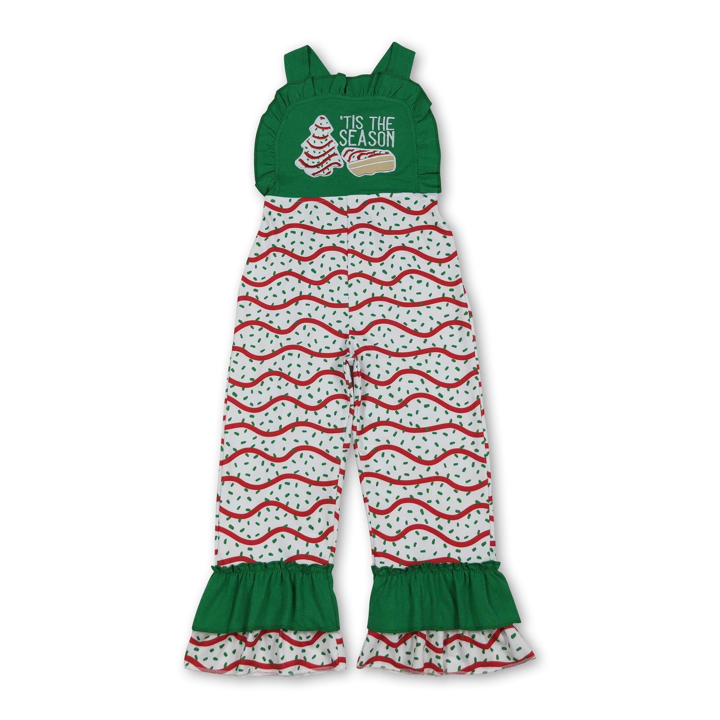 Green ruffle straps 'Tis the season Christmas tree cake girls jumpsuit