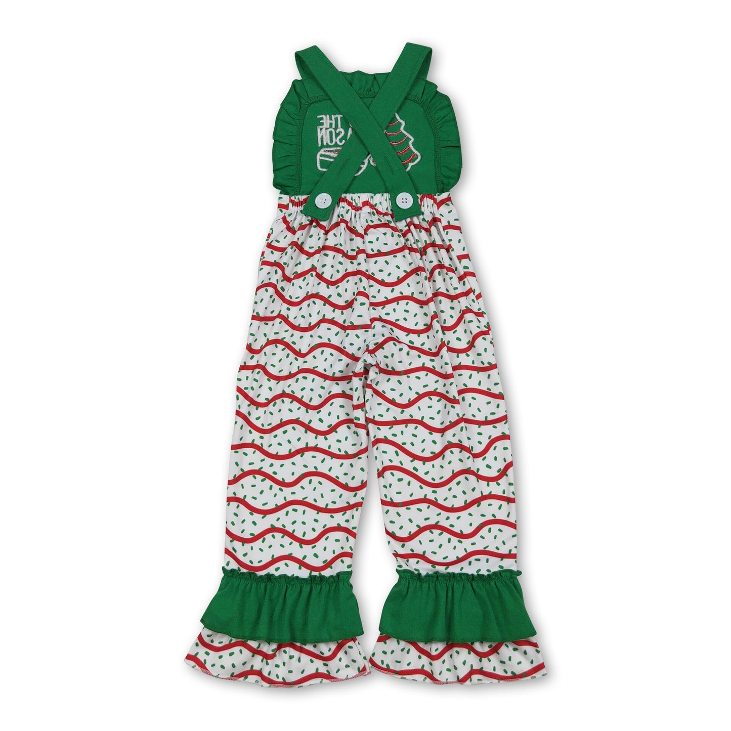 Green ruffle straps 'Tis the season Christmas tree cake girls jumpsuit
