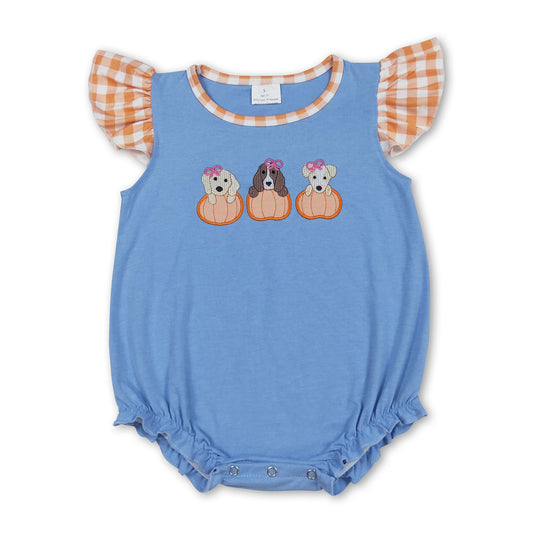 Plaid flutter sleeves dog pumpkin baby girl fall romper