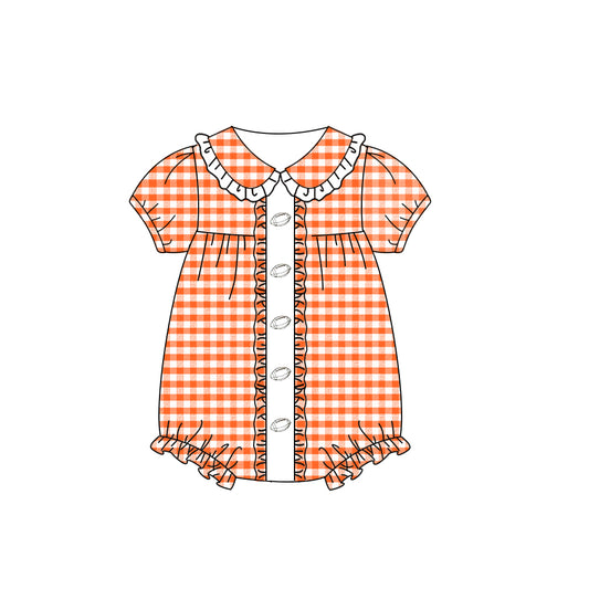 Orange plaid short sleeves football baby girls romper